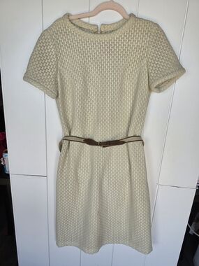 Vintage Cream Textured Short-Sleeve Dress with Belt